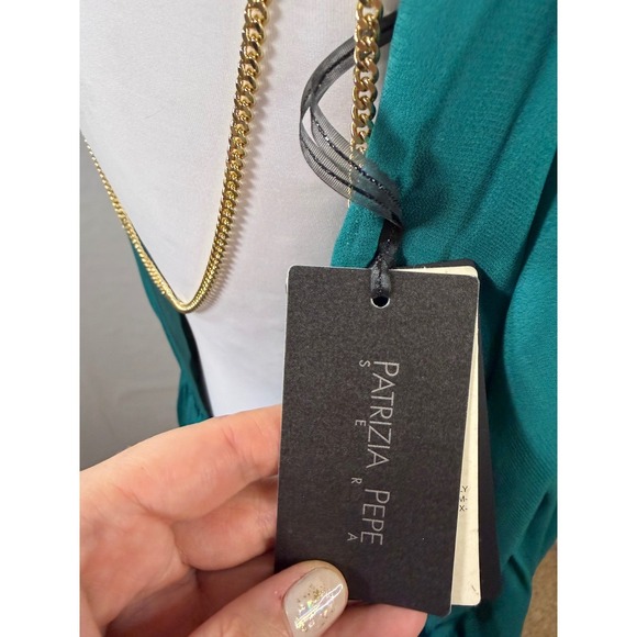 Patrizia Pepe Sera‎ Hypnotic Green Open Back Gold Chain High-Low Dress IT 42 NEW - Picture 12 of 13